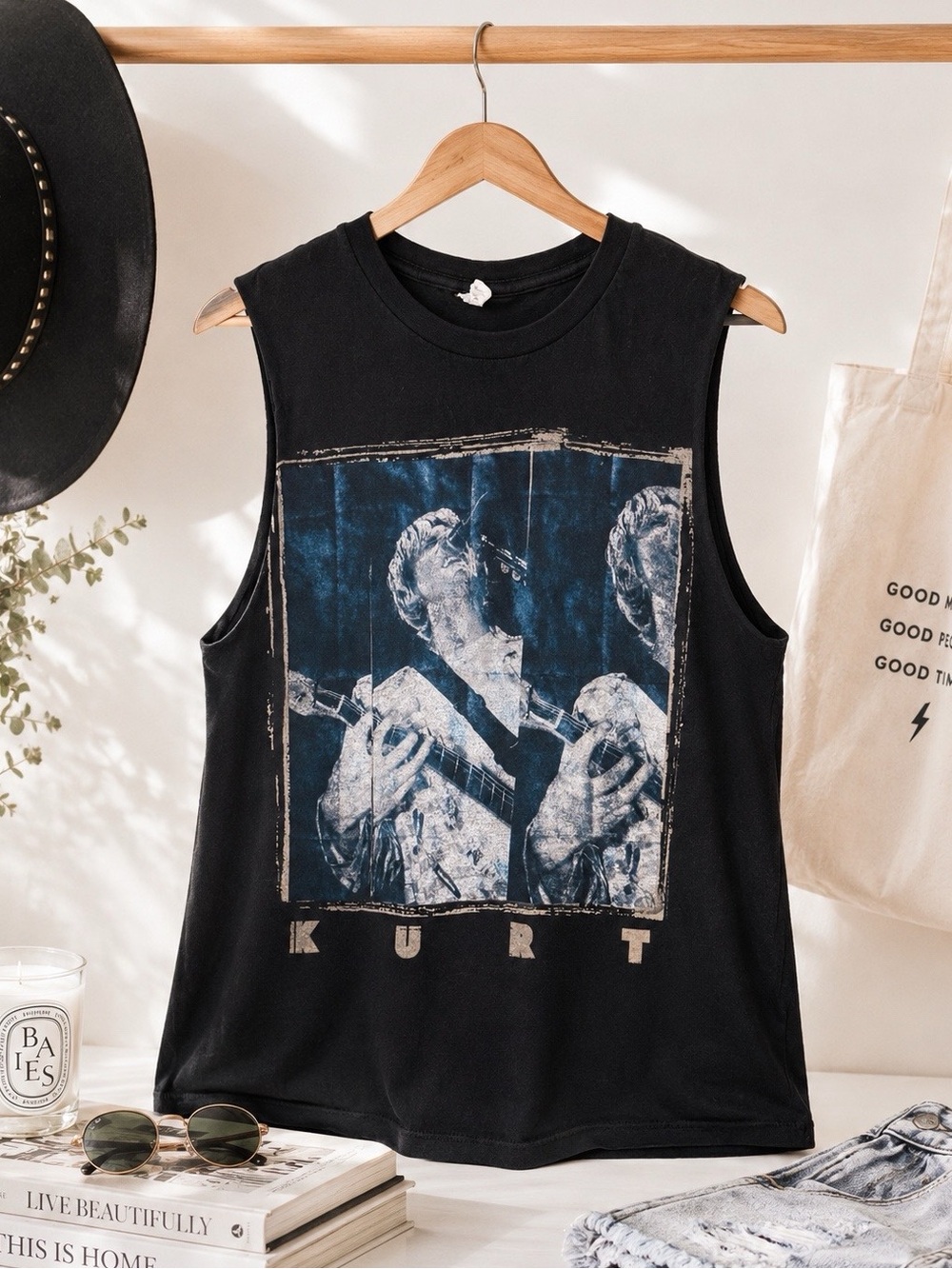 Kurt Cobain Graphic Band Tee Cutoff Sleeveless Tank | Nirvana | Size S